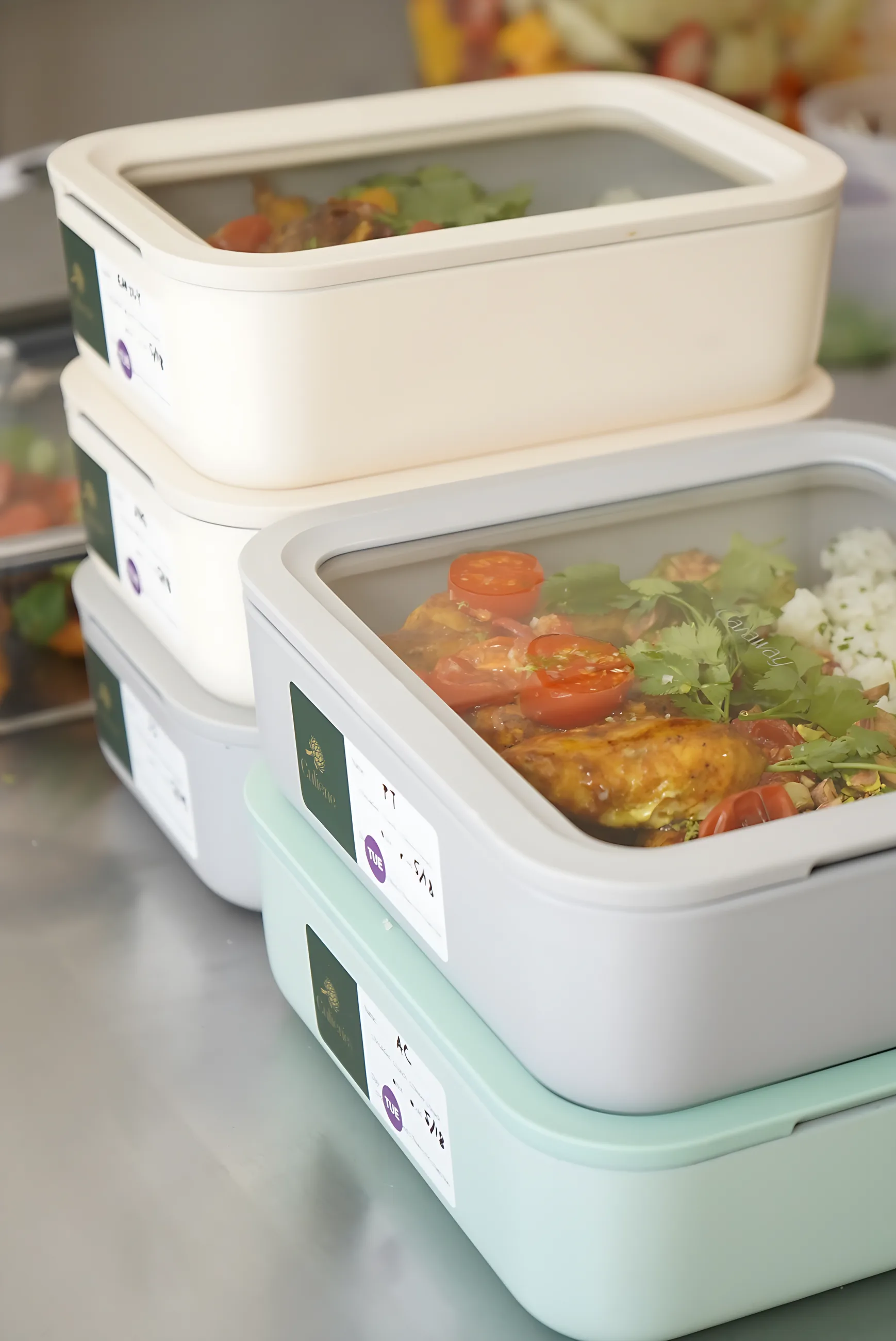 Stacked labeled containers ready for delivery