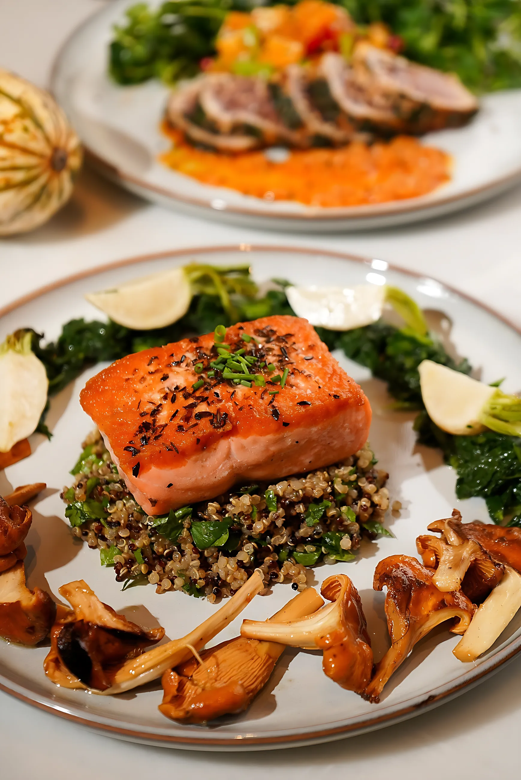 Salmon over farro with roasted mushrooms and lemon
