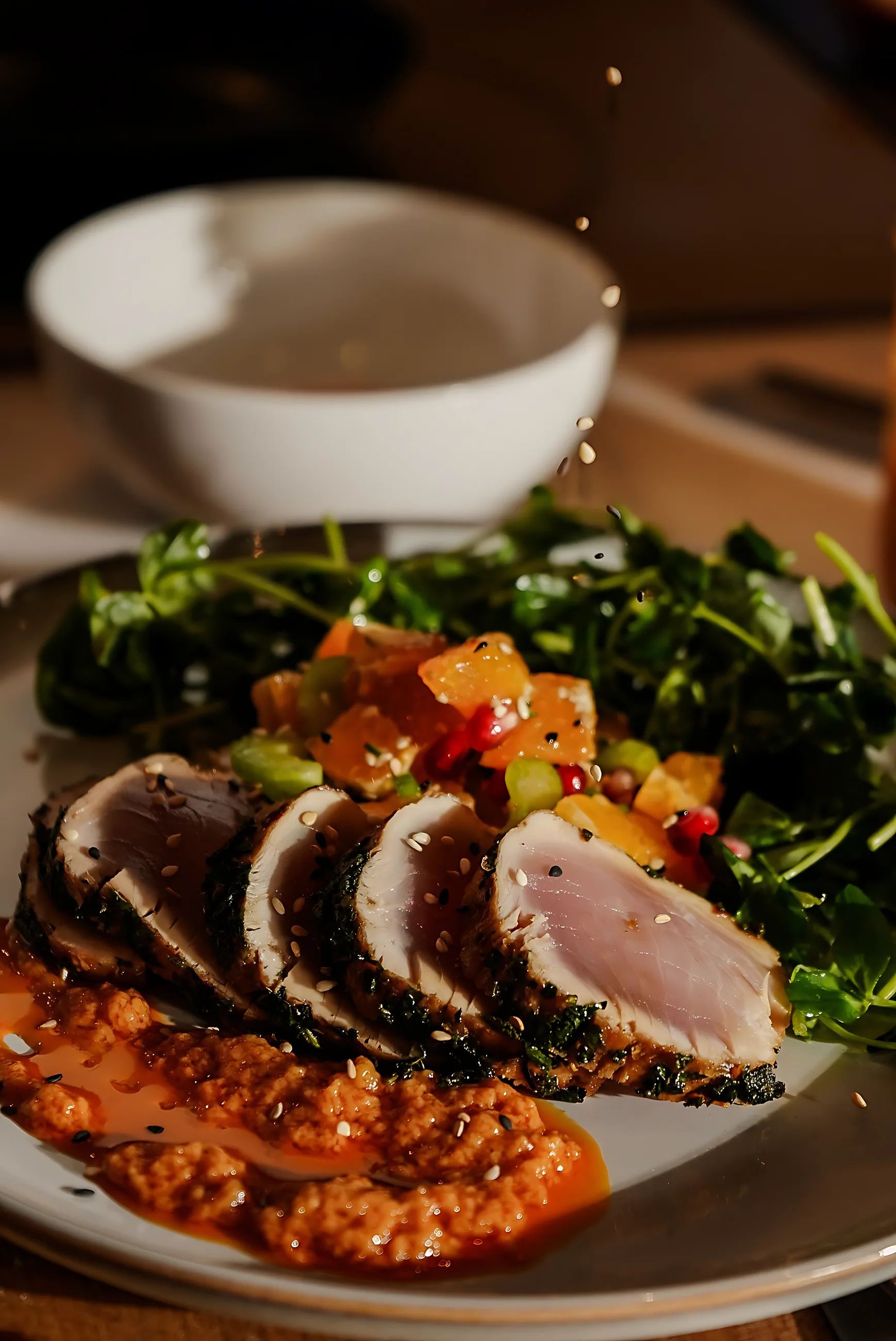 Seared tuna sliced over greens with a citrus and sesame dressing