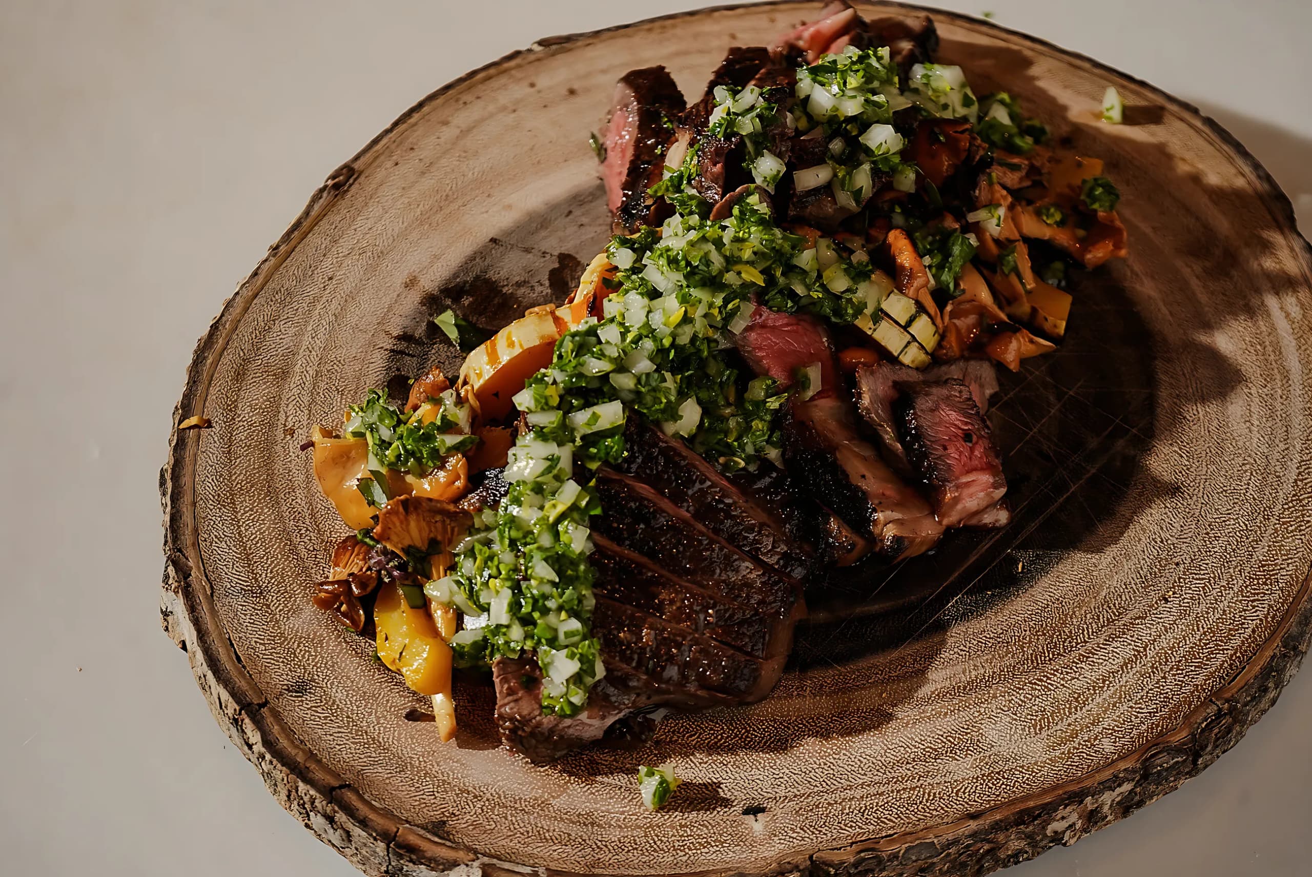 Sliced steak with salsa verde and chanterelles on a wooden board