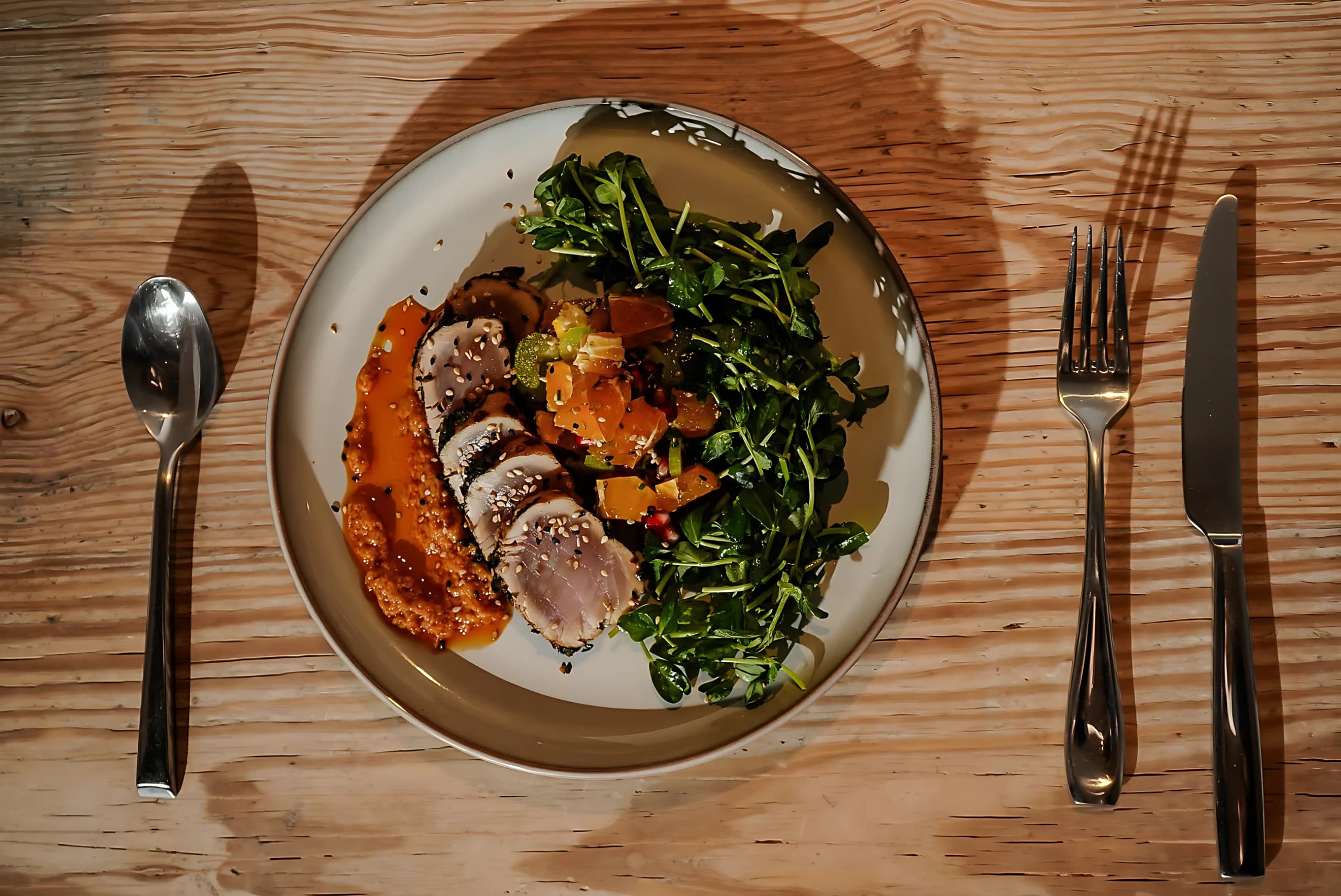 A plate of seared tuna with greens on a wooden table, set with cutlery