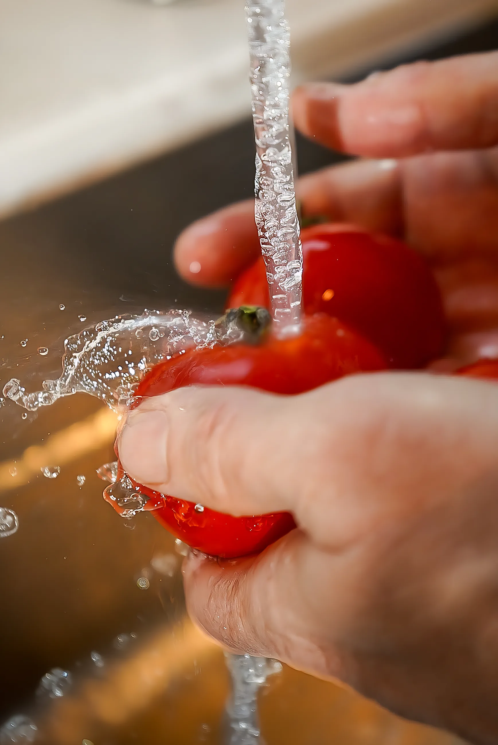 Hands rinsing ripe tomatoes under running water