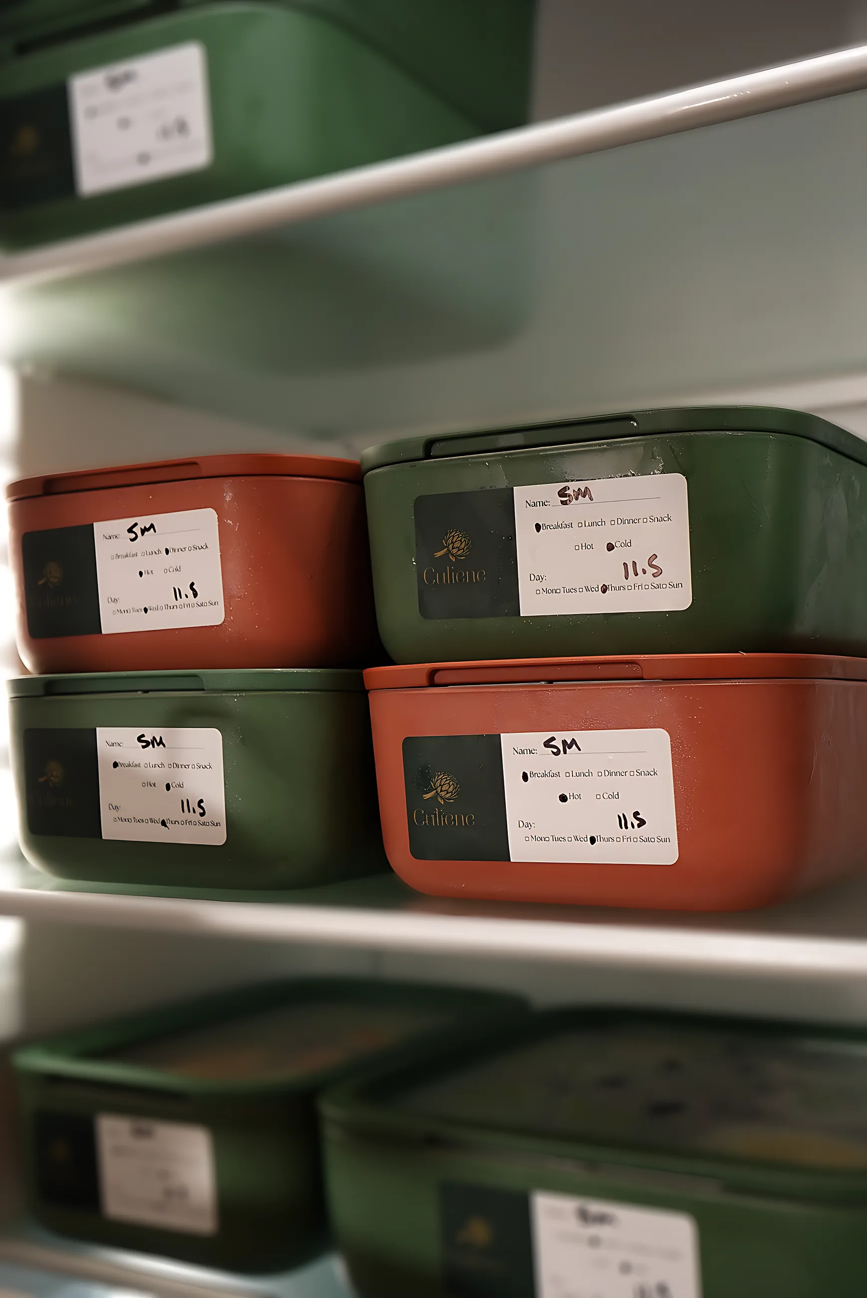 Green and terracotta ceramic containers stacked on refrigerator shelves